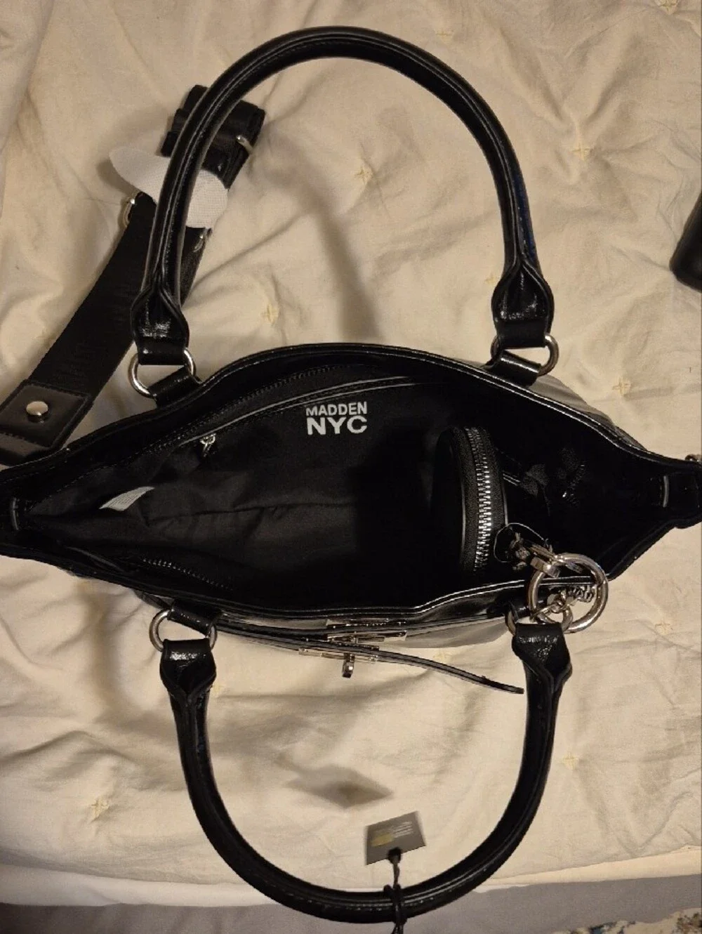 Black Women's Tote Bag with Silver Charm and Detachable Strap